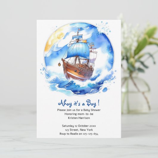 帆船の夢：航海の男の赤ちゃんシャワー 招待状 (スタンド正面)