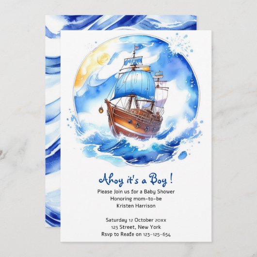 帆船の夢：航海の男の赤ちゃんシャワー 招待状 (正面/裏面)