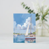 帆船の湾 | 海岸の水彩画 ポストカード (スタンド正面)