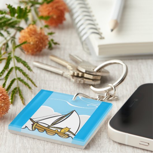 帆船の漫画に描かれた不機嫌おもしろいな航海の猫 キーホルダー (正面右)
