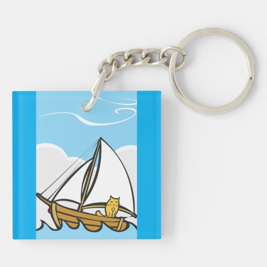 帆船の漫画に描かれた不機嫌おもしろいな航海の猫 キーホルダー (裏面)