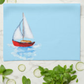 帆船の青い沿岸水 キッチンタオル (折り畳み)