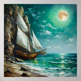 帆船は岩の崖の近くに停泊した ポスター