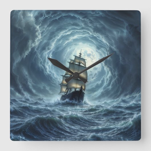 帆船エピック・ストーム・ダーク・ファンタジー・デコール スクエア壁時計 (正面)