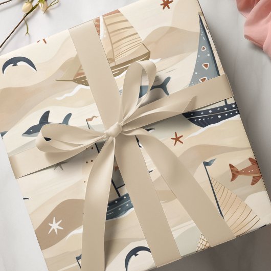 帆船シームレスパターン |ニュートラルトーンキッズ ラッピングペーパー