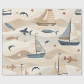 帆船シームレスパターン |ニュートラルトーンキッズ ラッピングペーパー (フラット)