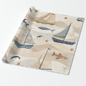 帆船シームレスパターン |ニュートラルトーンキッズ ラッピングペーパー (アンロールド)