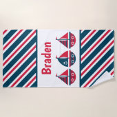 帆船ストライプのビーチパーソナライズされたタオル ビーチタオル (正面)