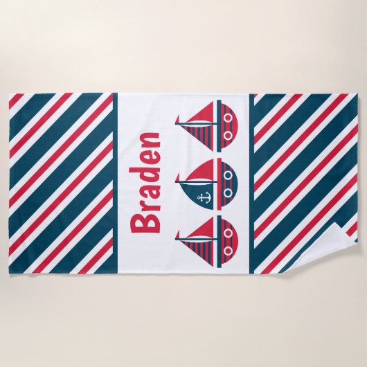 帆船ストライプのビーチパーソナライズされたタオル ビーチタオル (正面)