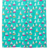 帆船パターンピンク&アクア シャワーカーテン (正面)