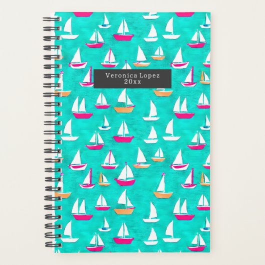 帆船パターンピンク&ティール（緑がかった色） プランナー手帳 (正面)