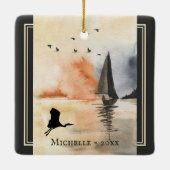 帆船パーソナライズされたと鳥のクリスマス セラミックオーナメント (裏面)