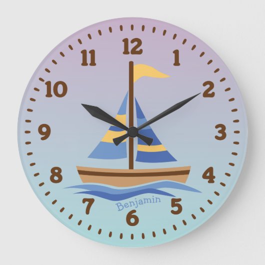 帆船パーソナライズされた壁時計室子供へ室 ラージ壁時計 (正面)