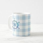 帆船ブルーティラーギンガムチェックパターン コーヒーマグカップ (正面左)