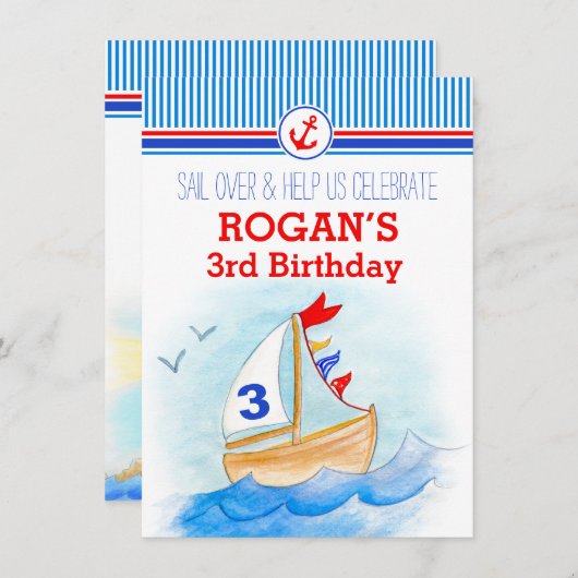 帆船ボーイ航海のズ3歳誕生日招待状 招待状 (正面/裏面)