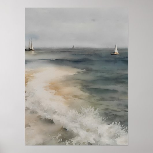 帆船付きコースト絵画ウォーターカラー – ヴィンテージ ポスター (正面)