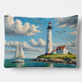 帆船付きホワイトライトハウス アクセサリーポーチ (正面)