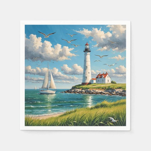 帆船付きホワイトライトハウス スタンダードカクテルナプキン (正面)