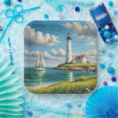 帆船付きホワイトライトハウス ペーパープレート (パーティー)