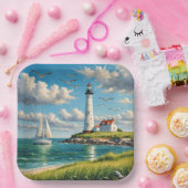 帆船付きホワイトライトハウス ペーパープレート (パーティー)