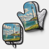 帆船付きホワイトライトハウス 鍋つかみ&鍋敷きセット (正面/裏面)