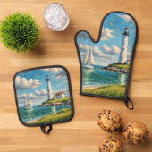 帆船付きホワイトライトハウス 鍋つかみ&鍋敷きセット (トップダウン)