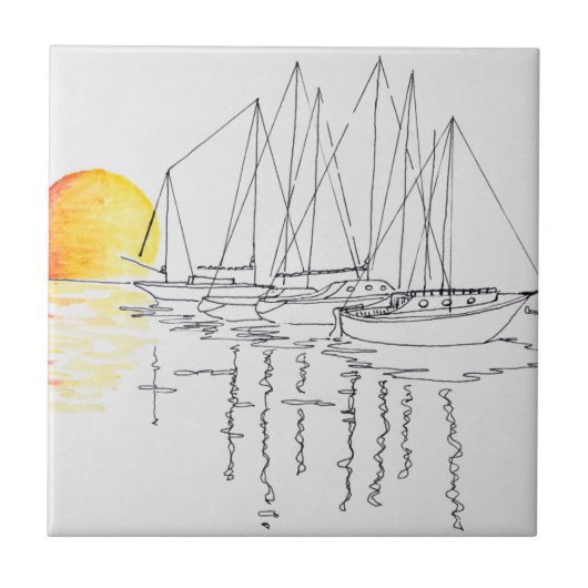 帆船反射|コンカルノー、ブルタニー タイル (正面)