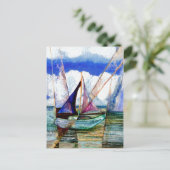 帆船抽象芸術ブルースカイフワフワ雲 ポストカード (スタンド正面)