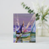 帆船抽象芸術紫の海の波 ポストカード (スタンド正面)