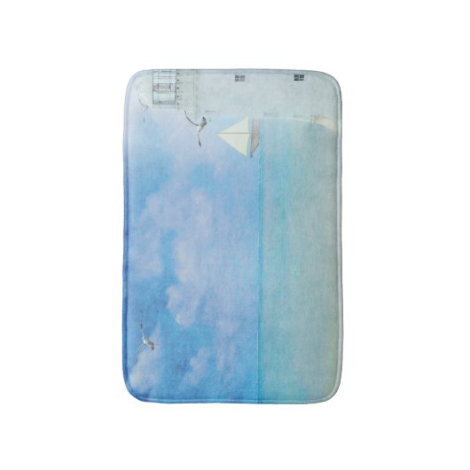 帆船絵画付き水彩白色の灯台 バスマット (正面縦)