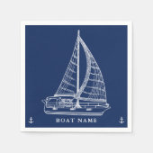 帆船航海のいかりネイビーブルーホワイトボート名 スタンダードカクテルナプキン (正面)