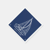 帆船航海のいかりネイビーブルーホワイトボート名 スタンダードカクテルナプキン (角)