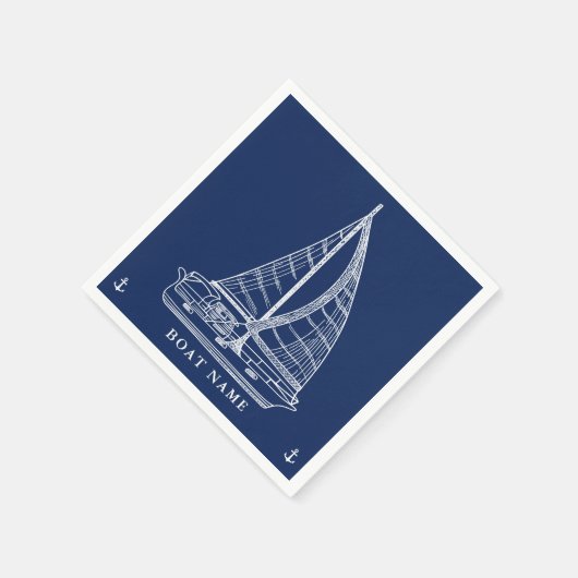 帆船航海のいかりネイビーブルーホワイトボート名 スタンダードカクテルナプキン (角)