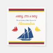 帆船航海のネイビーブルーイエローレッドベイビーシャワー スタンダードカクテルナプキン (正面)