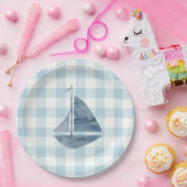 帆船航海のブルーギンガムチェックパターン ペーパープレート (パーティー)