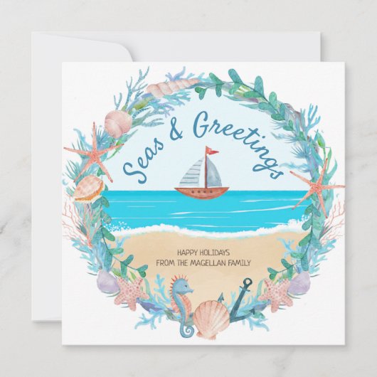帆船航海のリース沿岸クリスマス シーズンカード (正面)