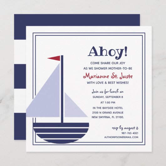 帆船航海の用ベビーシャワー少年 招待状 (正面/裏面)