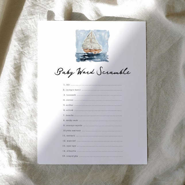 帆船航海の語スクランブル赤ちゃんシャワーゲーム (Nautical watercolor sailboat chic baby shower baby word scramble game.)