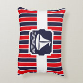 帆船航海の赤 |青いストライプパターン アクセントクッション (裏面(縦))