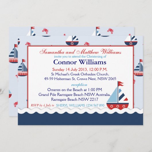 帆船、いかり、カニのバプテ航海のスマ 招待状 (正面/裏面)