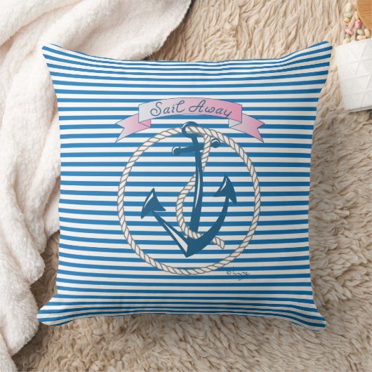 "帆"遠くにいかり、ホワイトロープと青ストライプい クッション (ブランケット)