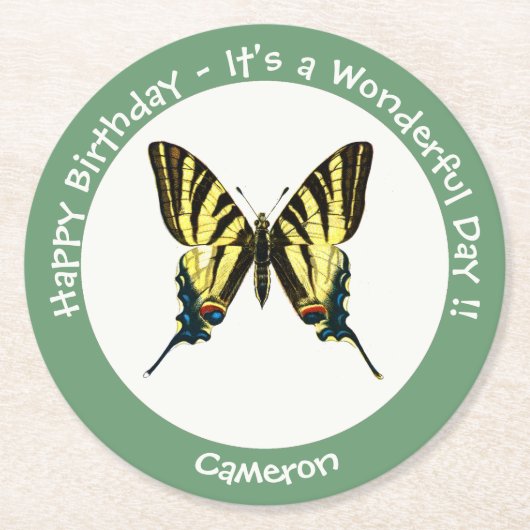 希少なアゲハチョウ蝶の誕生日パーティー ラウンドペーパーコースター (正面)