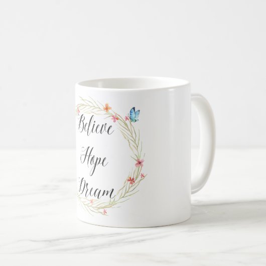 希望に夢の水彩画の花柄の蝶を信じて下さい コーヒーマグカップ (正面右)