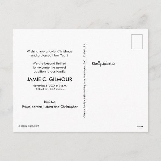 希望に満ちたブルークリスマスベイビー シーズンポストカード (裏面)