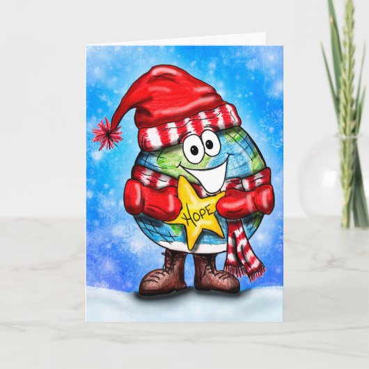 希望の世界を願うCartoon Globe Holiday シーズンカード (正面)