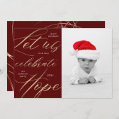 希望を祝う ゴールドスクリプト ホリデー フォト カード (正面/裏面)