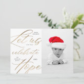 希望を祝う ゴールドスクリプト ホリデー フォト カード (スタンド正面)