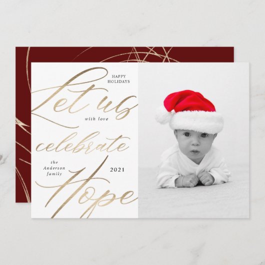 希望祝金ゴールドスクリプトホリデーのフォトカード シーズンカード (正面/裏面)