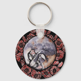 希薄三毛猫ねこ赤ポピー花猫 キーホルダー