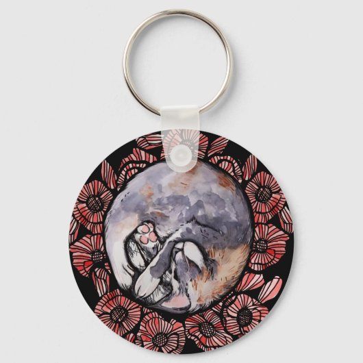 希薄三毛猫ねこ赤ポピー花猫 キーホルダー (正面)